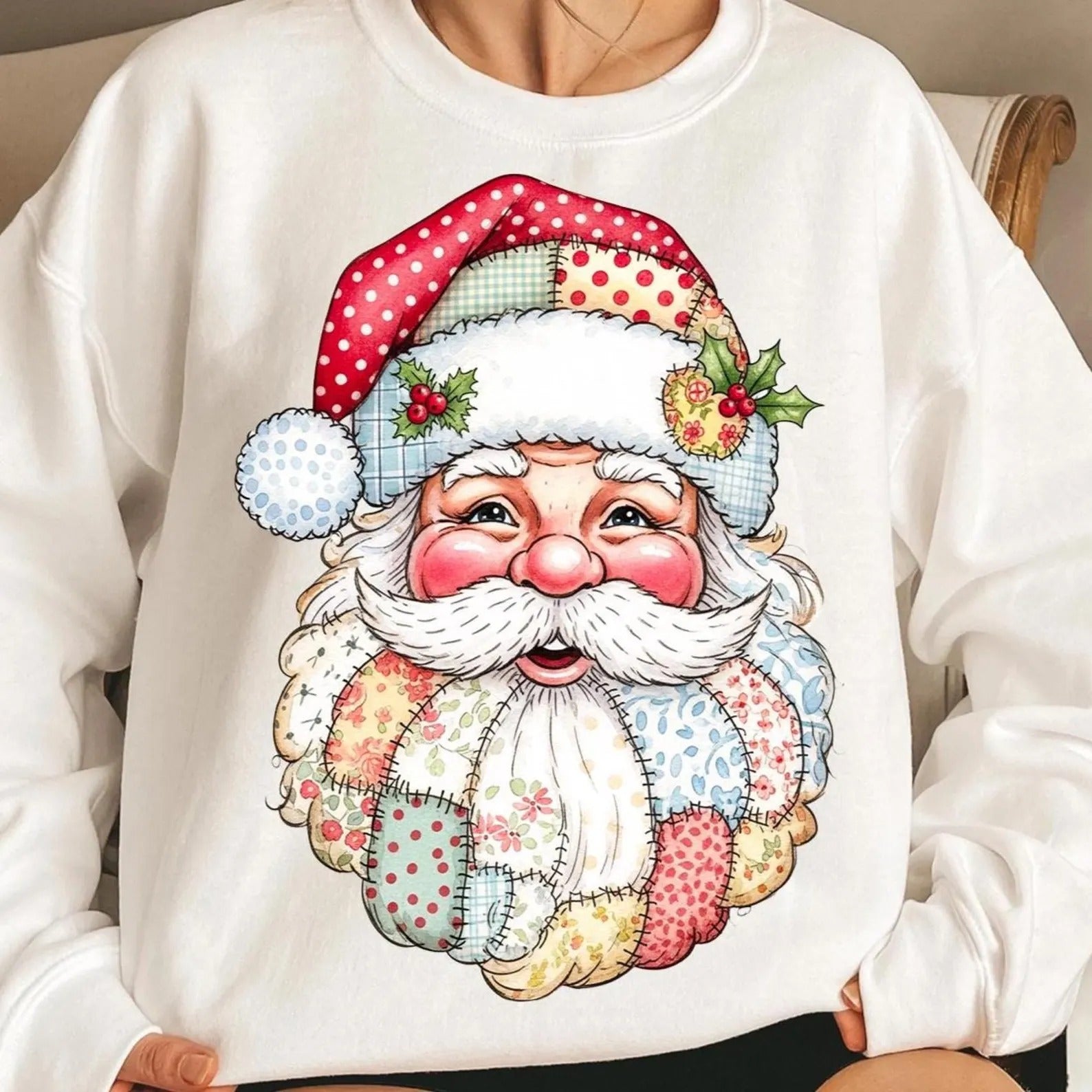 Santa Claus Christmas Sweatshirt – Cute Patchwork Holiday Pullover with Vintage Santa Graphic
